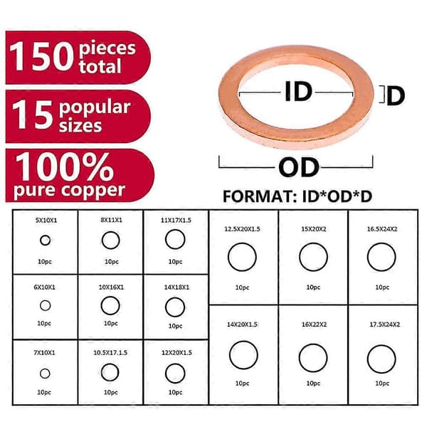 150st 15 Specifikationer Packningar Tätningsring, Kopparbrickor Sortimentssats, Kopparbrickor Packning Tätningsring med Box,-Versailles