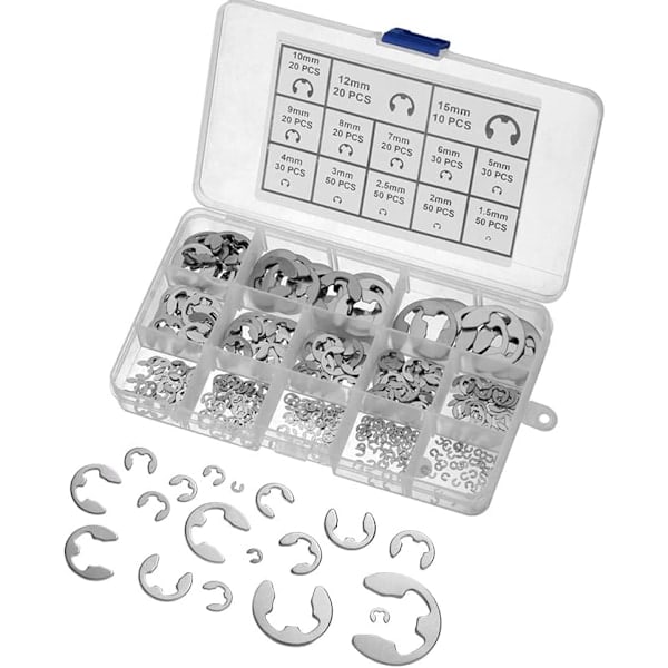 Låseringer, 400 stk. 1,5-15 mm rustfritt stål E-clips med oppbevaringsboks, låseringsortiment, intern låsering, ekstern E-clip