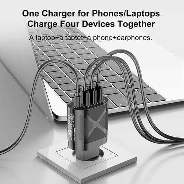 4-Port Lader for Enheter, Reiselader, 2.4A, Hurtiglading, EU, US, , 48W, 3 USB + PD