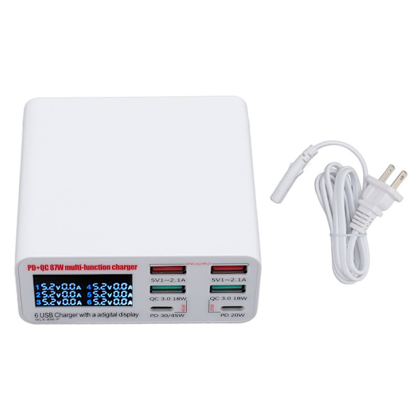 USB-latausasema 87W USB A USB C -laturi Hub 6 portilla LCD-näyttö QC3.0 PD Pikalataus USB-virtajohto 100–240V US-pistoke 0.1