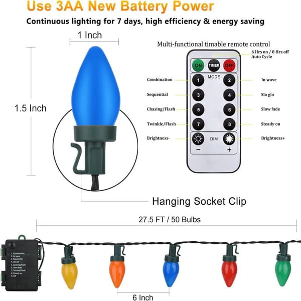 C7 Julelys 25FT - 50 fargerike LED-lamper - Multifunksjonell fjernkontroll
