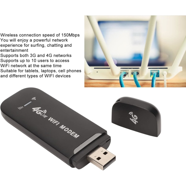 4G LTE USB WiFi Router, Bærbar WiFi Router Pocket Mobile Hotspot, Smart USB Modem Trådløs netværksrouter med SIM-kortplads 150 Mbps 10