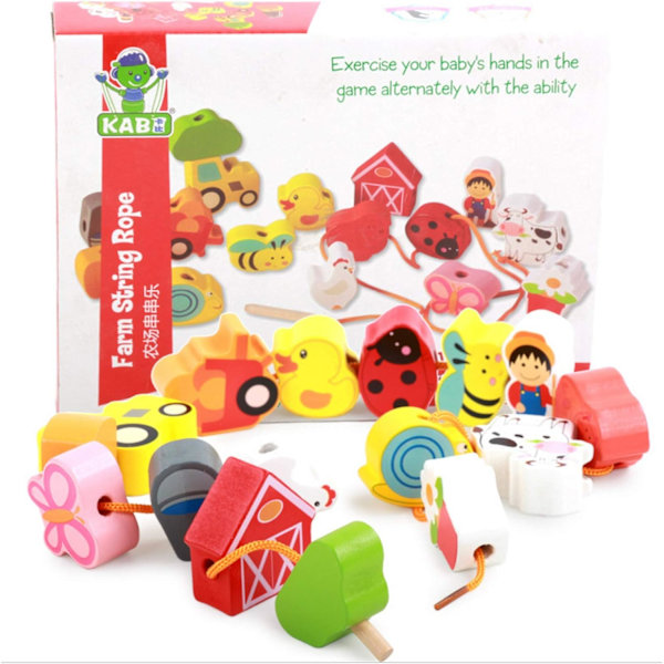 Lacing Farm Toy Wooden Block Set, Early Educational Toys String & Lacing Beads Games for Toddlers Kids Farm Animal Learning Play Set Yellow