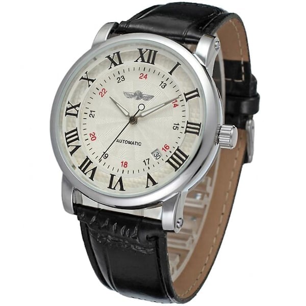 Helautomatisk mekanisk herrklocka med PU-läderarmband - Winner (Vit urtavla, svarta siffror, svart armband)