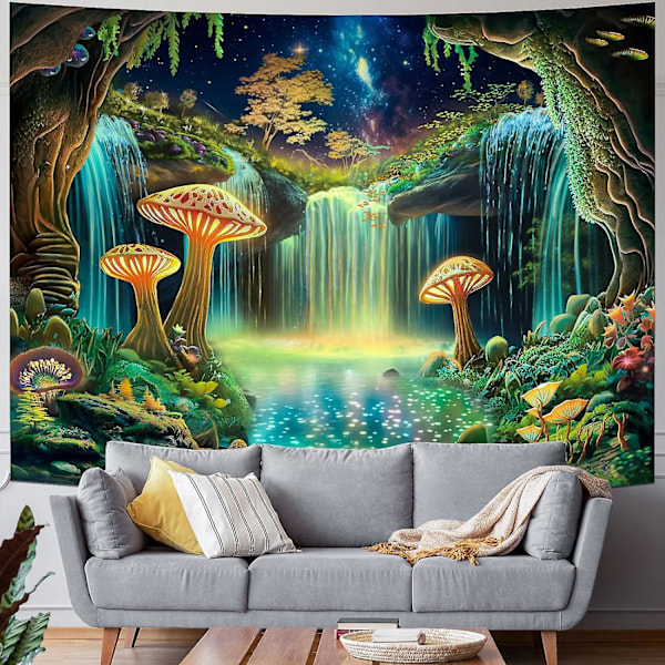 Fantasy Forest Tapestry UV-reaktivt Vannfall Tapestry Psykedelisk Stjernehimmel Tapestry Neon Naturlig Plante Tapestry Hjemme Veggdekorasjon (B150cm x H130cm)