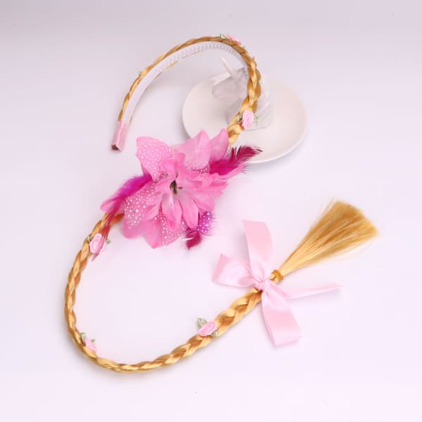 Princess-style wig with long braids and headband, single braid with large pink flowers