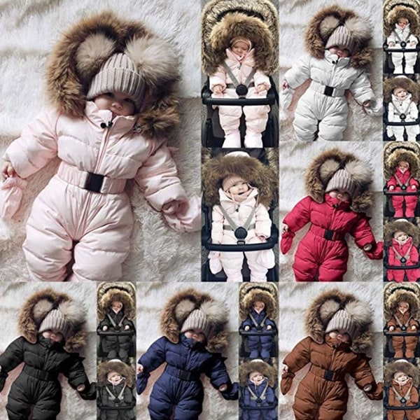 Baby snedragt vinter jumpsuit pelskrave hætte tyk varm ensfarve Sød sport talje lynlås One Piece Romper
