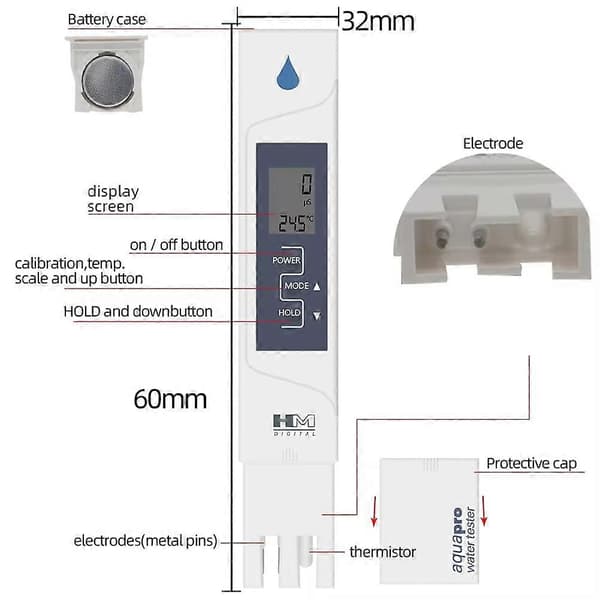 HM DIGITAL 2 i 1 EC Temperatur Vandkvalitetstester Digital AP-2 EC-måler med kalibreringskonduktivitetstester White