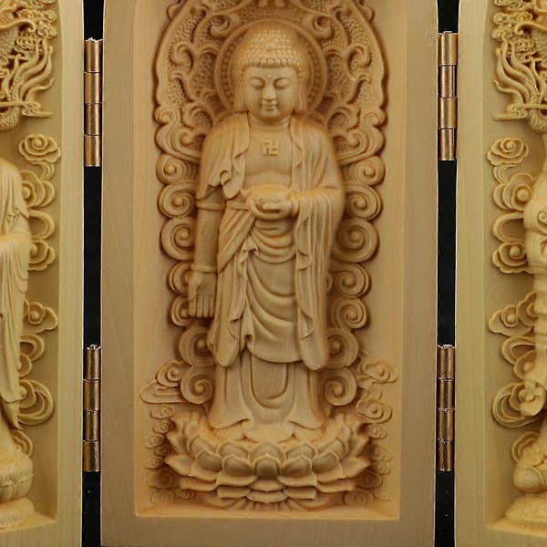 2x Buddha-statue utskåret skulpturdekorasjon laget av buksbom