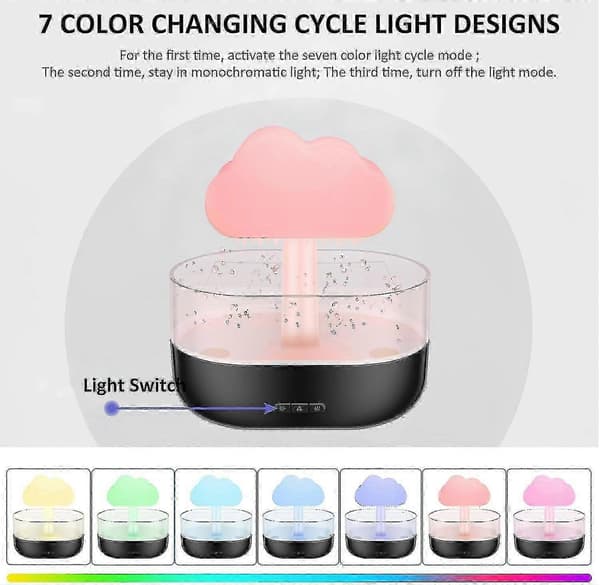 Regnmoln Luftfuktare Vattendropp 200ml, Led Moln Regn Aromaterapi Eterisk Olja Diffuser Nattlampa 7 Färger Avkopplande Sänglampa black