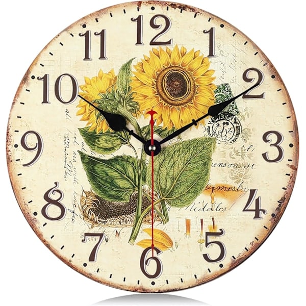 Trä Väggklocka Gul Solros Tyst Icke Tickande 30 cm Batteridriven Vintage Shabby Chic Rustik Bondgård Kök Klockor Väggdekor