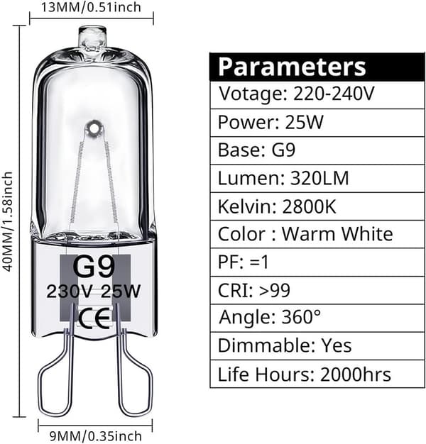 G9 halogenpærer 40W, 230V, 10-pakning 40W 40W