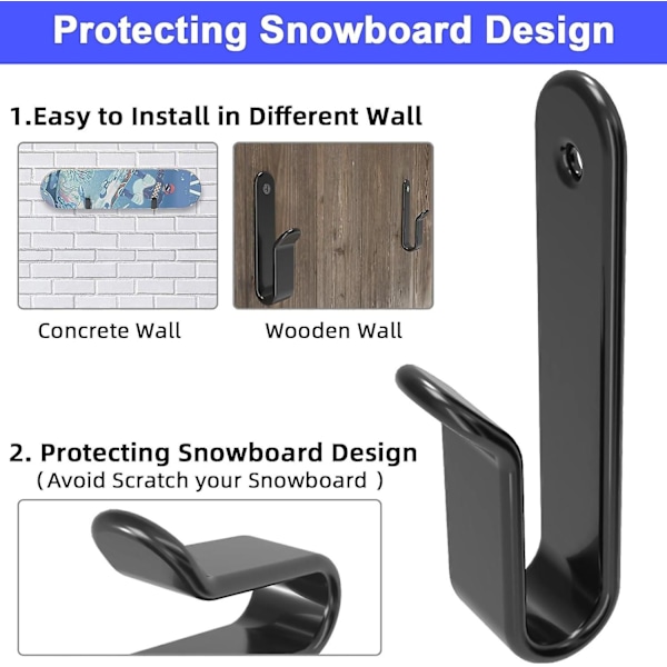 2 stk. Vandrette Snowboard Vægmonteringsklips Snowboard Vægreol Snowboard Montering Opbevaring Snowboard Display Vægmontering