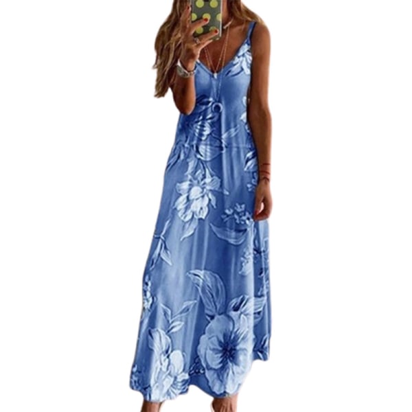 Kvinnors sommar ärmlös Maxiklänning Lös lång klänning Holiday Blue Blue L