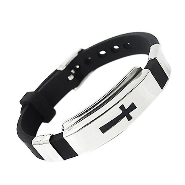 Herrmode Silver Cross Rostfritt Stål Svart Gummi Armband Armband Shytmv