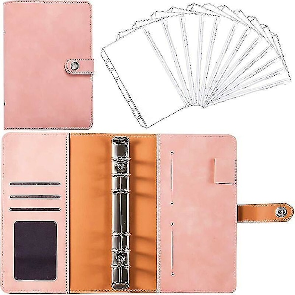 A6 Pu Leather Portfolio For Cash Budget Planner, Envelope Budget Binder With 12 Clear Zipper Pockets