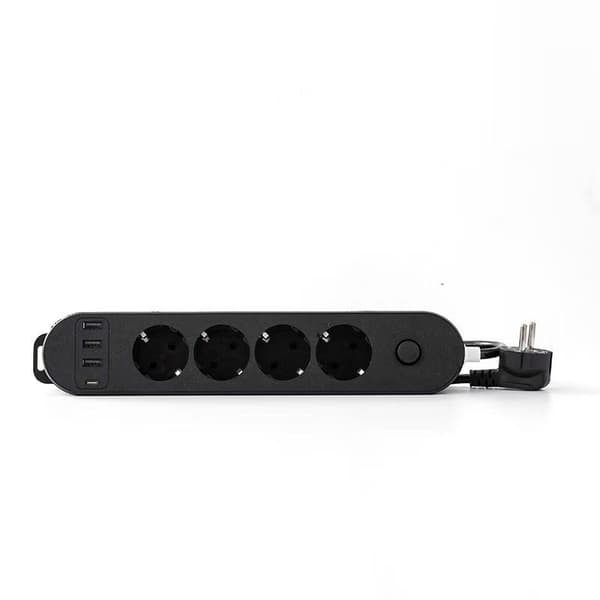 Stikdåse 4 udtag 16A + 4 USB (3 USB A + 1 USB C PD20W) med afbryder, 2M kabel, sort