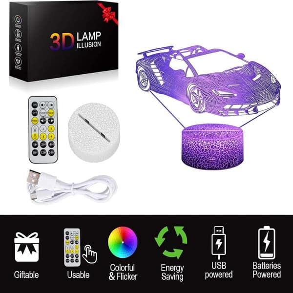 Bil 3D Nattlys Biler for gutter Barn 3D Lampe Lys Julegave