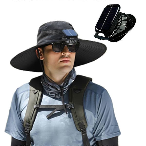Utendørs solhatt med bred brem og 2 solcellevifter Solhatt med vifte Solcelle Black One Size