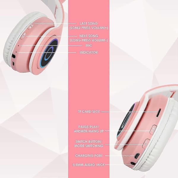 (pink) Trådløst Bluetooth-headset Børneheadset Sammenfoldeligt Katteheadset Med Stereomikrofon Børne-Bluetooth-headset Til Pc-telefoner.