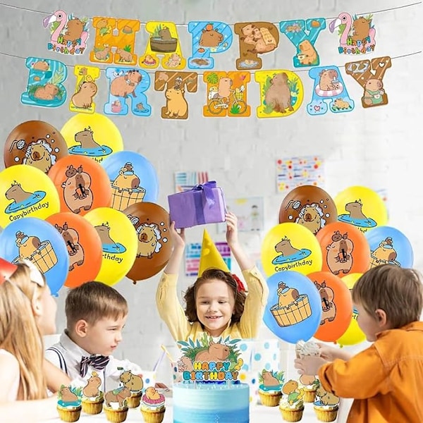 Kapibara-syntymäpäiväjuhlatarvikkeet sisältävät Kapibara Hyvää Syntymäpäivää -bannerin, Kakunkoristeen, Cupcake-koristeet, Ilmapallot, Söpö Kapibara C