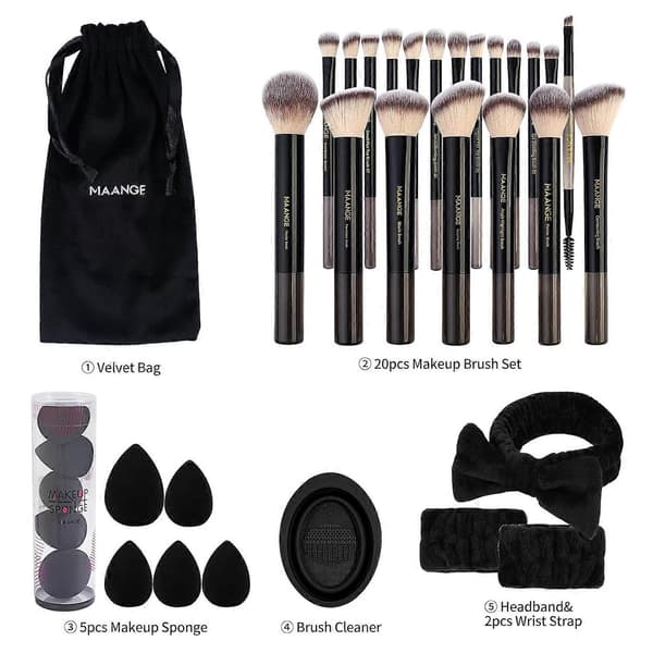 30-delt makeupbørstesæt, et multifunktionelt makeupværktøjssæt inklusive 20 foundationbørster og andre makeupbørster, med en makeuptaske, sort.