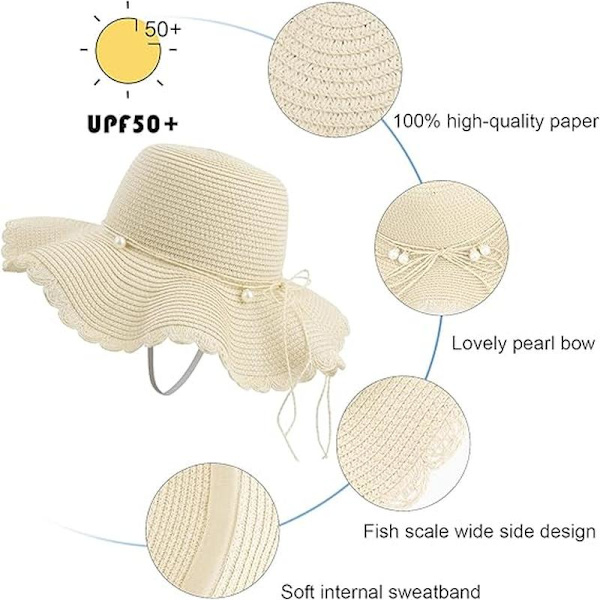 Beige stråhat til damer, sammenfoldelig solhat UV-beskyttelse, sommerstrand