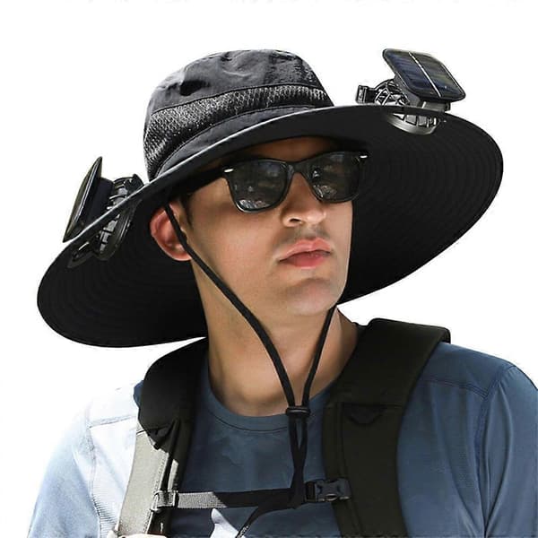 Utendørs solhatt med bred brem og 2 solcellevifter Solhatt med vifte Solcelle Black One Size