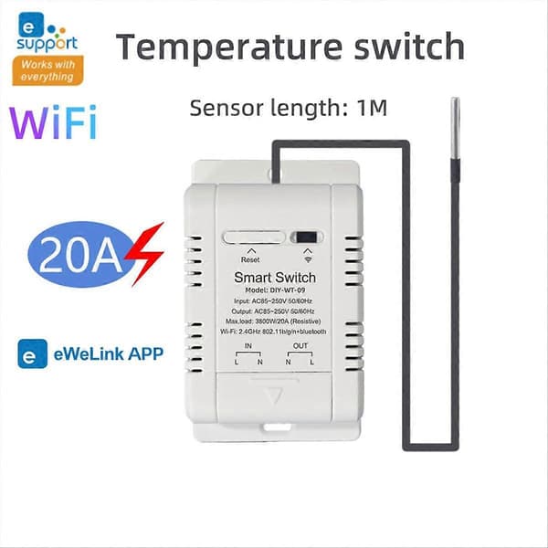 WiFi-temperaturströmbrytare med 1M-sensor EWelink Smart WiFi 20A termostat temperaturströmbrytare stöder