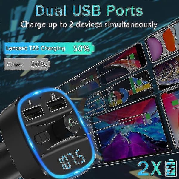 Bluetooth FM-sender til bil med håndfri opkald og 2 USB-porte