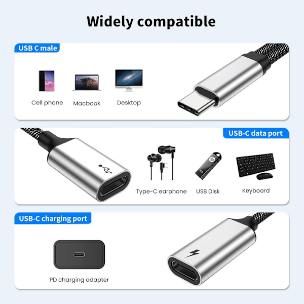 USB C-splitter med PD 60W hurtigopladning og dataoverførsel (understøtter digitale hovedtelefoner, IKKE til skærm), USB C til USB C hunadapter