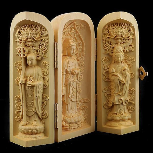 2x Buddha-statue utskåret skulpturdekorasjon laget av buksbom