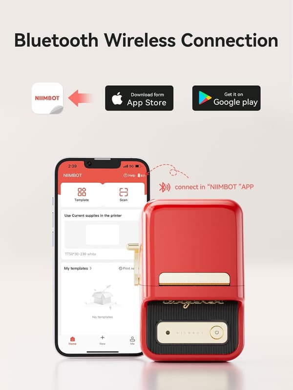 B21 Mini termisk etikettskriver uten blekk, kompatibel med iOS og Android, for hjemmeorganisering, bedrift, strekkoder, QR-kode, med 1 Rosso