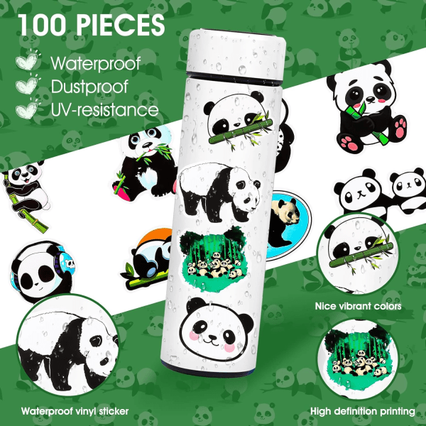 100 stk søde panda vinyl klistermærker, tegneseriedyr dekorative klistermærker, DIY klistermærker til bærbare vandflasker