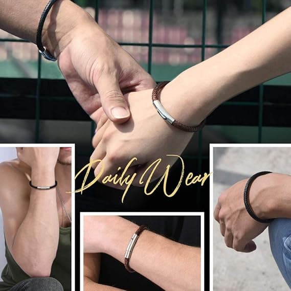 Flettede læderarmbånd til mænd, 5 mm armbånd med rustfrit stålspænde, 18/20/22 cm