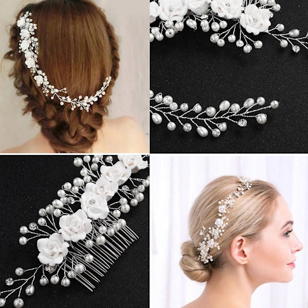 Brud Hårkam Blomster Kunstig Perle Bryllup Jenter Brud Tiara Blomster Hodeplagg