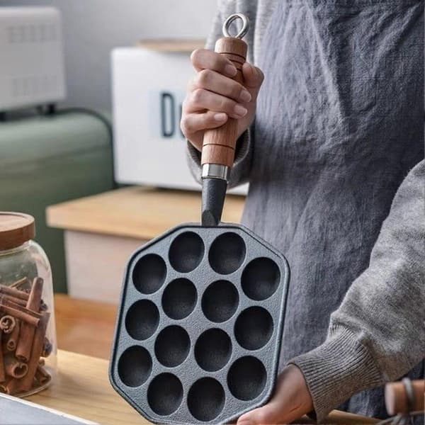 Takoyaki Panne 14 Hull Nonstick Støpejernsform med Avtakbart Håndtak for Hjemmelaging