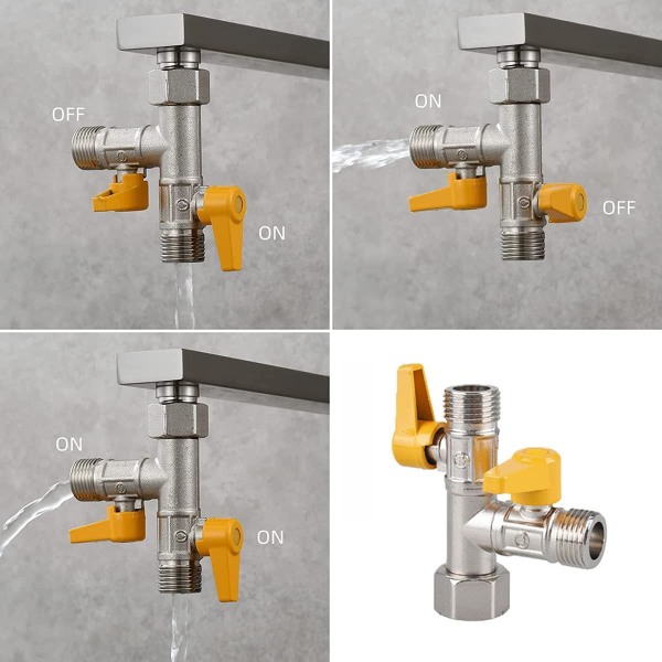 3-veis ventil messing 3-veis dusjventil messing 3-veis ventil T-tilkobling med 3 gummiskiver，Stoppventil for kjøkken eller bad