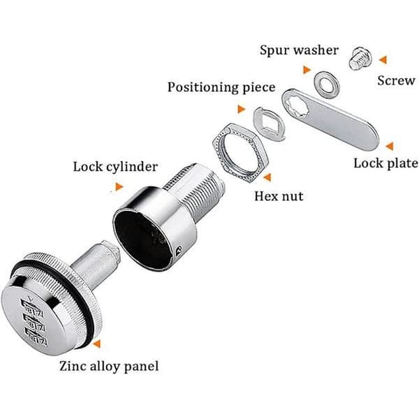 2 cm bolt i sinklegering med kodelås, blank krom, kode F