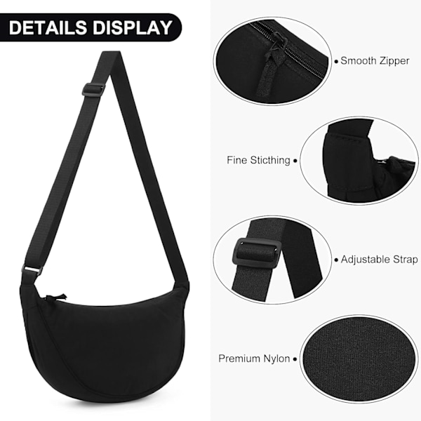 Crescent Taske til Kvinder Mænd, Nylon Crescent Tasker Hobos Crossbody Taske Bærbar Crescent Pung med Justerbar Rem A01-sort, 31cm