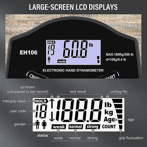 Grepstyrketester, 180 kg Digital Hånddynamometer Grepstyrkemåler USB LCD-skjerm Hånd