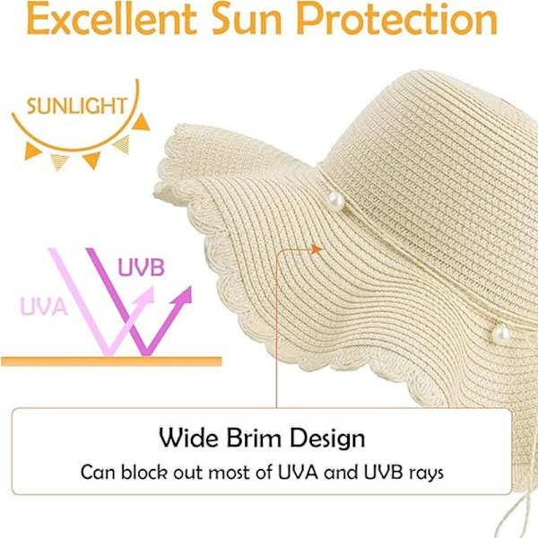 Beige stråhat til damer, sammenfoldelig solhat UV-beskyttelse, sommerstrand