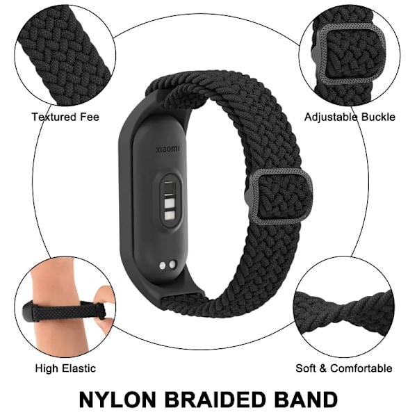 Flettet urrem til Xiaomi Mi Band 7 6 5 4 3 Armbånd Elastisk Justerbart Armbånd til Amazfit Band 5 Udskiftningsarmbånd Sort