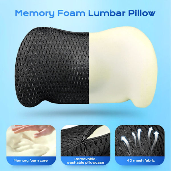Lændestøtte, Memory Foam Lændestøtte til Bil, Kontorstol, Ergonomisk Strømlinet Ryglæn (Sort)