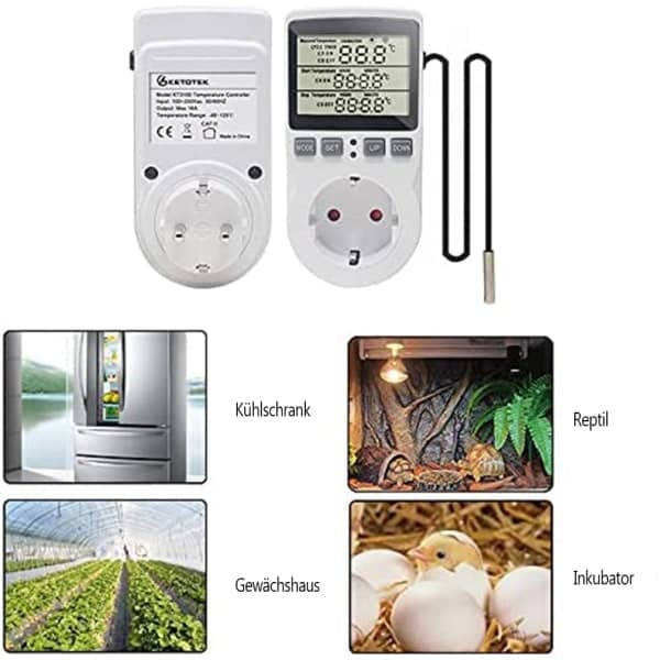 KETOTEK 230 V Temperaturreguleringsstik med Sensor, Digital Termostatstik med Timer, Stik Termostat Tidsindstillingskontakt til Drivhus