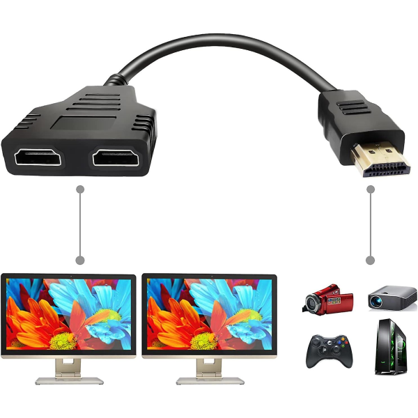 HDMI splitter adapterkabel - HDMI splitter 1 i 2 ut/hdmi hann til dobbel HDMI hun 1 til 2 vei for hdmi hd, led, lcd, tv, støtte to TVer samtidig