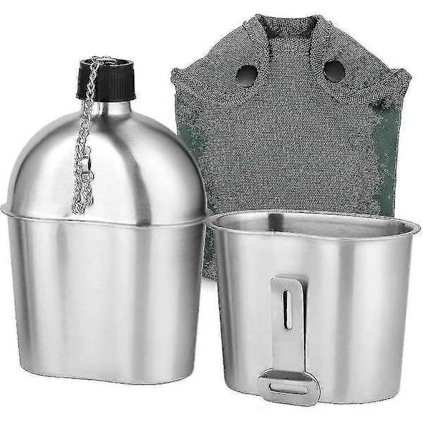 Feltflaske Militær Kit 2 stk. 1000 ml 600 ml Rustfrit Stål Militær Feltflaske Kop Sæt Med Overtræks taske Til Udendørs Camping Vandring Backpacking