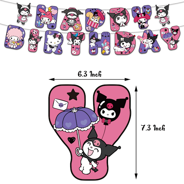 Kawaii Tecknade Födelsedagsdekorationer, Kuromi Födelsedagsfest Tillbehör - Inkluderar Grattis på Födelsedagen Banner Tårtdekorationer Muffinsdekorationer Ballonger. D