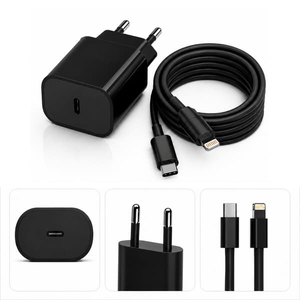 25W USB-C Fast Charger with 2m USB-C to Lightning Cable - Compatible with Apple iPhone 11/12/13/14 Svart black