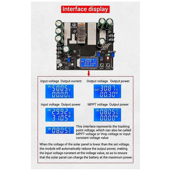 ZK-SJ30 700W Synkron Likretting 30A Automatisk Buck-Boost Strømmodul Solcellelading MPPT, med Display Black